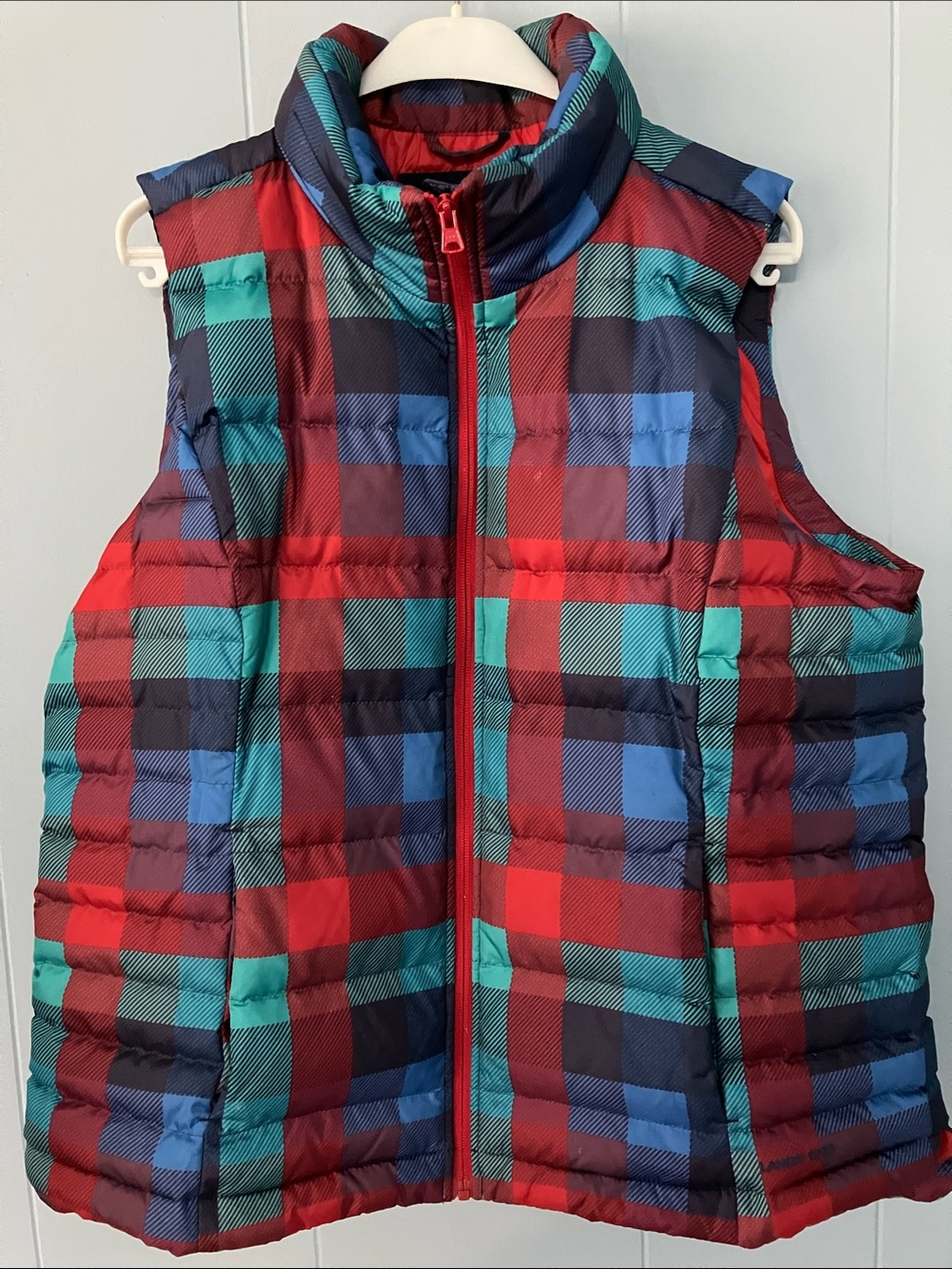 Lands' End Kids Plaid Down Puffer Vest in Red, Teal & Blue